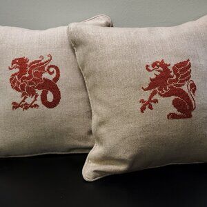 English Country Manor Heraldic Linen Accent Pillows - set of two